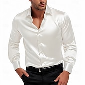 baratos Camisas de cetim masculinas-Homens Camisa Social Blusa de cetim Camisa casual camisa de botão Tecido Casamento Férias Preto Branco Vinho Azul Marinha Manga Longa Lapela Primavera &amp; Outono Roupa