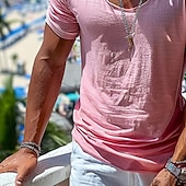 preiswerte Baumwoll-Leinen T-Shirts-Herren Leinenähnliches T-Shirt Kurze Ärmel Rundhalsausschnitt Sommer Einfach Mode Designer Basic Weich Urlaub Straße Alltagstauglich Rosa Hellblau Beige Top T-Shirt für Herren