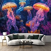 abordables Tapisseries à la lumière noire-Tentures en lumière noire glow in the dark fête luminescente UV réactive méduse trippy brouillée paysage naturel tenture murale suspendue pour salon chambre