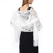 cheap Wedding Guest Wraps-Ladiery Women&#039;s Floral Lace Scarf Shawl with Tassels, Soft Mesh Fringe Wraps for Wedding Evening Party Dresses