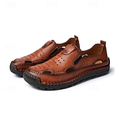 cheap Casual Sandals-Men&#039;s Brown Leather Slip-On Sandals with Perforated Detailing and Stretch Panels – Comfortable and Stylish for Casual Wear, Outdoor and Summer Activities