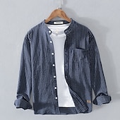 economico Casual da lavoro-Per uomo Camicia Camicia di lino Camicia casual Camicia con Bottoni Camicia di cotone A righe Vacanza Camicia hawaiana Bianco Vino Blu reale Manica Lunga Colletto alla coreana Primavera Autunno