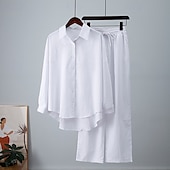 billiga Uppsättningar-Dam Mode Streetwear Skjorta Linneinspirerade set Tvådelade set Linne Byxor Byxor Långärmad Tröjkrage Ensfärgat Snörning Dagliga kläder Datum Svart Vit Blå Sommar Normal
