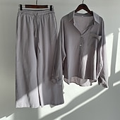 voordelige Blousepakken voor dames-Dames Modieus Streetwear Overhemd Broeken Sets Linnen broek Broeken Lange mouw Overhemdkraag Effen Kleur Trekkoord Alledaagse kleding Afspraakje Blozend Roze Khaki Grijs Lente Normale pasvorm
