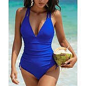 abordables One Pieces &amp; Tankinis-Mujer Traje de baño Escote en V Profunda Espalda Abierta Bañadores Color sólido Bañadores Negro Azul Marino Transpirable Secado rápido Ligero Sin Mangas - Natación Surf Playa Verano Primavera