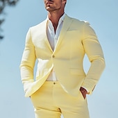 abordables Maillots de plage-Suits en lin de plage pour hommes Daffodil mode décontractée d&#039;été couleur unie coupe standard 2 pièces à bouton unique