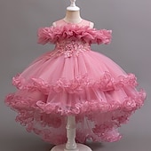 preiswerte Kleider für die Blumenmädchen-Blumenmädchenkleid Mädchen Formelle Kleidung Prinzessinenkleid Party Kleid Hochzeit Besondere Anlässe bezaubernd Süß Rüschen Zip Feste Farbe Kurzarm Rundhalsausschnitt Weiß Champagner 4-13 Jahre