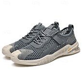 cheap Men&#039;s Sneakers-Men&#039;s Beige Mesh Sneakers with Lace-up &amp; Velcro Strap, Breathable Casual Sports Shoes for Summer
