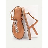 economico Infradito da Vacanza-sandali infradito da donna con fiori di strass color cuoio e bordi borchiati – eleganti sandali bassi per l&#039;estate, la spiaggia e le occasioni informali