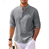 economico Camicie Popover da Uomo-Per uomo Camicia Camicia popover Camicia Estiva Camicia casual Camicia da Spiaggia Camicia a maglia a nido d&#039;ape Nero Bianco Blu Azzurro cielo Verde militare Manica Lunga Semplice Collo alla coreana