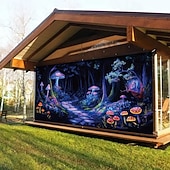 baratos Capas para portas de garagem-Decorações de Porta Blacklight Capa de Porta de Garagem Brilha no Escuro Cogumelo Psicodélico Nebuloso Faixa Grande Decorativa para Festa ao Ar Livre Porta de Garagem Decorações de Parede da Casa