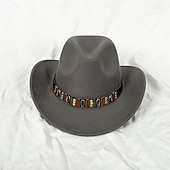 preiswerte Partykappen-Metallgürtel Western Cowboyhut Herren Herren Damen Jazz Cowboyhut mit Leder breiter Krempe Glockenhut Kirche Sombrero Cowgirl