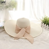 economico Accessori-cappello di paglia a tesa larga per donna, protezione solare estiva, cappello a tesa larga, cappello da spiaggia con fiocco da mare, cappello da sole