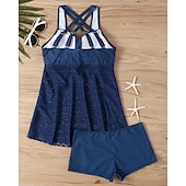abordables Maillots une pièce et tankinis-Femme Tankini Maillot De Bain Deux Pièces Dentelle Maillots de Bain Couleur Pleine Maillots de Bain Noir Bleu Ciel Respirable Séchage rapide Poids Léger Sans Manches - Natation Surf Plage Et