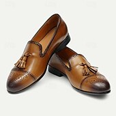 billiga Premium läder Loafers-bruna tofsloafers i läder för män med brogue-detaljer, klassiska slip-on klänningskor för bröllop, fester och formella evenemang