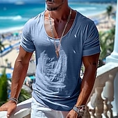 preiswerte Baumwoll-Leinen T-Shirts-Herren Leinenähnliches T-Shirt Kurze Ärmel Rundhalsausschnitt Sommer Einfach Mode Designer Basic Weich Urlaub Straße Alltagstauglich Rosa Hellblau Beige Top T-Shirt für Herren