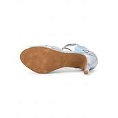 abordables Chaussures de danses latines-sandales de danse à lanières métalliques bleues et argentées pour femmes – talon haut, design croisé réglable, idéales pour les spectacles de danse