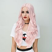 baratos Perucas Sintéticas sem Touca-Perucas sintéticas Ondulado Trama Curly Corte em Camadas Com Franjas Fabrico à Máquina Peruca Rosa 28 polegadas A1 Cabelo Sintético Mulheres Clássico Confortável Cores Gradiente Rosa