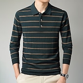 preiswerte Herren Elite Polo-Herren-Poloshirt aus Wolle, Strick, Polopullover, formell, Arbeit, Umlegekragen, langärmlig, modern, bequem, gestreift, Knöpfe, Streifen, Frühling, Frühling &amp; Herbst, normale Passform, Marineblau, Blau, Dunkelgrün, Braun, Polo