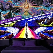 abordables Tapices de luz negra-Tapiz de luz negra brilla en la oscuridad fiesta brillante reactivo UV paisaje montañés borroso tapiz colgante arte mural para sala de estar dormitorio