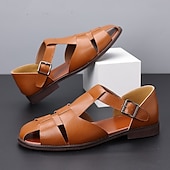 ieftine sandală de rochie-Sandale pentru bărbați din piele artificială maro, cu vârf deschis, cu curea cu cataramă reglabilă, stil casual pentru purtarea de zi cu zi