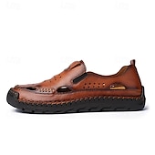 cheap Casual Sandals-Men&#039;s Brown Leather Slip-On Sandals with Perforated Detailing and Stretch Panels – Comfortable and Stylish for Casual Wear, Outdoor and Summer Activities