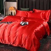 cheap Duvet Cover Sets-4 Pieces Satin Silk Bedding Set with Fitted Sheets Duvet Cover Sets Summer Solid Color Comforters Covers with 2 Pillowcases