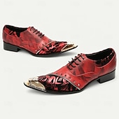 baratos Sapatos Sociais Elementares-Sapatos de Vestir em Couro Vermelho Premium Masculinos com Estampa Artística e Detalhe Studded com Ponta Dourada–Calçados Formais Estilosos para Ocasiões Especiais