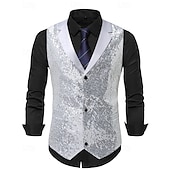 cheap Men&#039;s Vest-Men&#039;s Vest Waistcoat Gilet Performance Vacation Stage Fashion Casual Summer Spring Sequins Buttons Pocket Polyester Comfortable Plain Single Breasted One-button Lapel Regular Fit Silver Black Vest