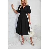 cheap Dresses-Retro Vintage 1950s Midi Dress Flare Dress Puff Sleeve Solid Color A-Line V Neck Women&#039;s Masquerade Wedding Vacation Tea Party Adults&#039; Dress