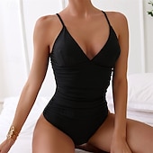 abordables Maillots une pièce et tankinis-Femme Maillot de bain 1 pièce V Profond Maillots de Bain Couleur Pleine Maillots de Bain Noir Respirable Séchage rapide Poids Léger Sans Manches - Natation Surf Plage Eté Printemps