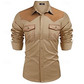 preiswerte Herrenhemd zum Knöpfen-Herren Hemd Sommerhemd Freizeithemd Knopfhemd Hellkaki Schwarz Rote Marineblau Blau Langarm Farbblock Revers Urlaub Hawaiianisch Button-Down Bekleidung Baumwollmischung Mode Lässig Bequem