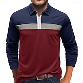 cheap Men&#039;s Rugby Polo-Men&#039;s Color Block Rugby Polo Long Sleeve Polo Shirts Quarter Zip Fashion 3D Print Modern Daily Holiday Going out Patchwork Spring &amp;  Fall White Wine Navy Blue
