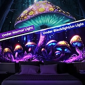 お買い得  ブラックライトタペストリー-ブラックライト タペストリー グローインザダーク グローパーティー UV 反応 トリッピー ミスティ キノコ 自然風景 吊り下げタペストリー 壁アート 壁画 リビングルーム 寝室