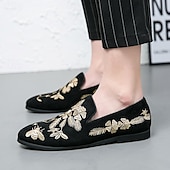 levne Poloformální-pánské černé semišové slip-on mokasíny se zlatou květinovou a včelí výšivkou – elegantní neformální obuv na svatby, večírky a formální události