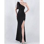 preiswerte BLAU-Meerjungfrau  Trompete Abendkleid Elegantes Kleid Formelles Abendparty Bodenlang Ärmellos Ein Schulter Spitze mit Schleife(n) Perlen Schlitz