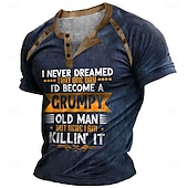 cheap Funny Words-Birthday Mens Graphic Shirt Henley Tee Color Block Letter Clothing Apparel 3D Print Outdoor Casual Short Sleeve Patchwork Button Down Fashion Designer T-Shirt Black Cotton Grumpy Old Man Button-Down