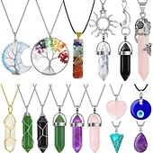 baratos Acessórios para festa-Colar com pingente de cristal de 16 peças, coluna hexagonal de ametista, fio trançado de mau olhado, colar com pingente de árvore da vida