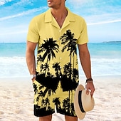 preiswerte Bedruckte Hemden-Sets für Herren-Herren Kokospalme 2St Hemden-Sets Hemd Kurzarm Kurze Hosen Kubanisches Halsband Urlaub Hawaiianisch Party Lässig Täglich 3D-Druck Sommer Rubinrot Weiß Gelb