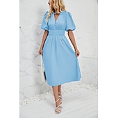 cheap Dresses-Retro Vintage 1950s Midi Dress Flare Dress Puff Sleeve Solid Color A-Line V Neck Women&#039;s Masquerade Wedding Vacation Tea Party Adults&#039; Dress
