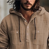 voordelige Straat-Voor heren Overhemd linnen overhemd Zomer overhemd Strand hemd Overhemd met capuchon Effen Casual Dagelijks Zwart Wit blauw Bruin Lange mouw Capuchon Lente zomer Kleding
