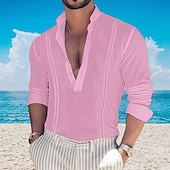 cheap Men&#039;s Popover Shirts-Men&#039;s Shirt Popover Shirt Summer Shirt Casual Shirt Beach Shirt Black White Pink Green khaki Long Sleeve Plain Band Collar Vacation Hawaiian Button-Down Clothing Apparel Fashion Casual Comfortable