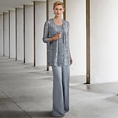 olcso Anya nadrágkosztümje-Jumpsuit  Nadrágruha 3 részes Ara anyának Formális esküvői vendég Elegáns Nagy méretű Kötés beleértve Ékkő nyak Padlóhosszú Chiffon Csipkével Ujjatlan Egyszínű 2025 ingyenes egyedi méret