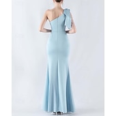 preiswerte BLAU-Meerjungfrau  Trompete Abendkleid Elegantes Kleid Formelles Abendparty Bodenlang Ärmellos Ein Schulter Spitze mit Schleife(n) Perlen Schlitz