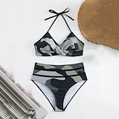 billiga One Pieces &amp; Tankinis-Dam Tankini Tvådelad baddräkt Volang Badkläder Badkläder Blå Guld Andningsfunktion Snabb tork Lättvikt Ärmlös - Simmning Surfing Strand Sommar Vår