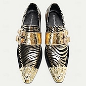baratos Sapatos Sociais Elementares-Mocassins em Couro de Vaca Premium Masculinos com Padrão de Zebra Ousado e Design de Dupla Fivela com Ponta Dourada–Calçados Estilosos e Confortáveis para Ocasiões Formais e Fashion-forward
