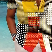 baratos Estampa Geométrica-Homens Retalhos Estampa Geométrica Camisa Social Camisa cubana Manga Curta Moda Casual Férias Feriado Streetwear Verão Primavera Camisa com gola de acampamento Impressão 3D Amarelo Azul Roxo Verde