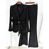economico Tailleur pantalone della mamma-Completo madre della sposa a due pezzi elegante minimalista colletto camicia lunghezza al pavimento in tessuto elasticizzato manica lunga con volant colore solido 2025