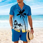 preiswerte Bedruckte Hemden-Sets für Herren-Herren Kokospalme 2St Hemden-Sets Hemd Kurzarm Kurze Hosen Kubanisches Halsband Urlaub Hawaiianisch Party Lässig Täglich 3D-Druck Sommer Rubinrot Grün