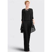 abordables Costumes-pantalons pour maman-Salopette  pantalon 3 pièces mère de la mariée invité au mariage formel élégant grande taille col bijou longueur de sol en chiffon dentelle sans manches avec appliques taille personnalisée gratuite